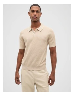 Ribbed Knit Polo in Almond