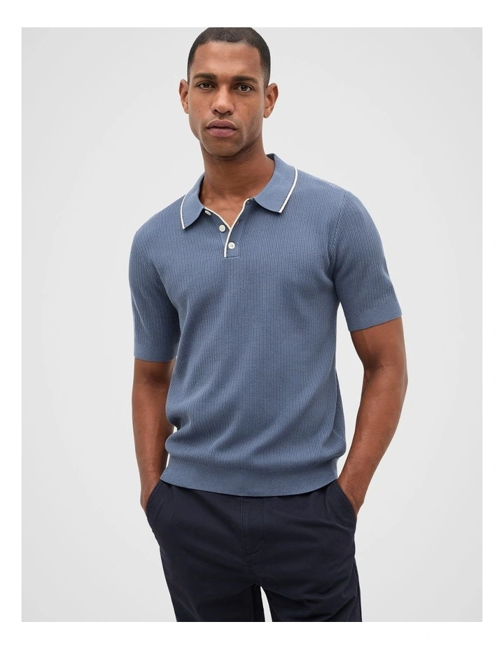 Ribbed Knit Polo in Storm Blue image 1
