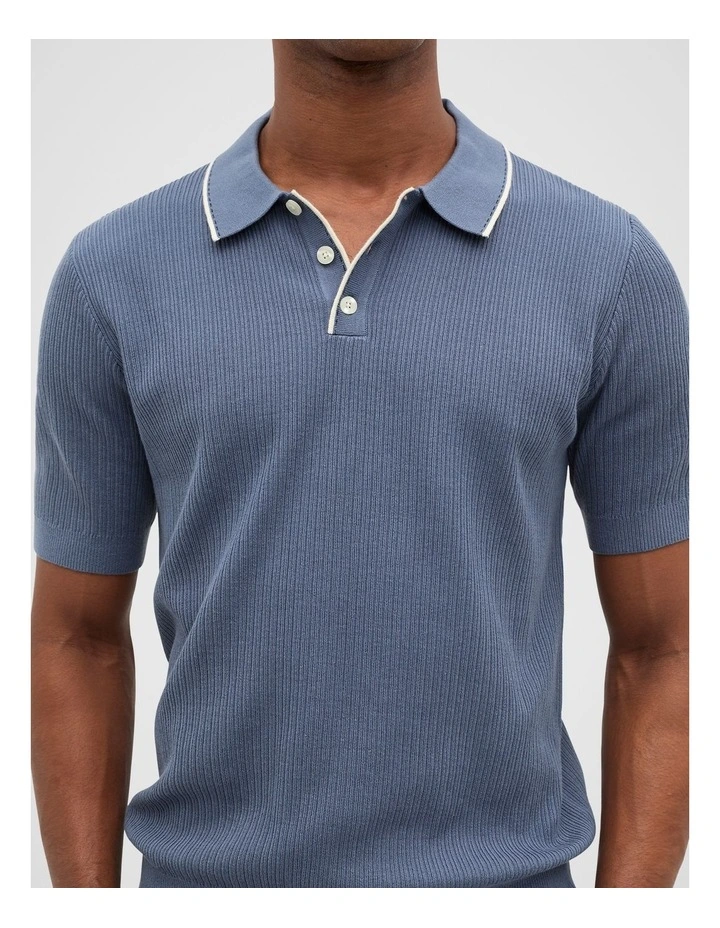 Ribbed Knit Polo in Storm Blue image 3
