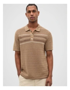 Blanket Stitch Knit Polo in Nougat