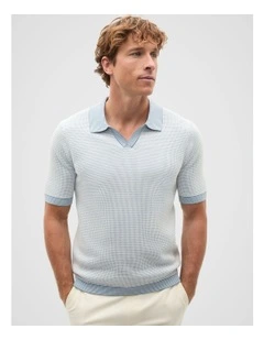 Multi Textured Knit Polo in Blue