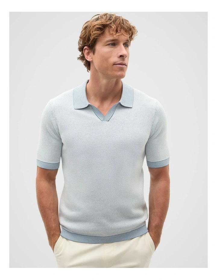 Multi Textured Knit Polo in Blue image 1