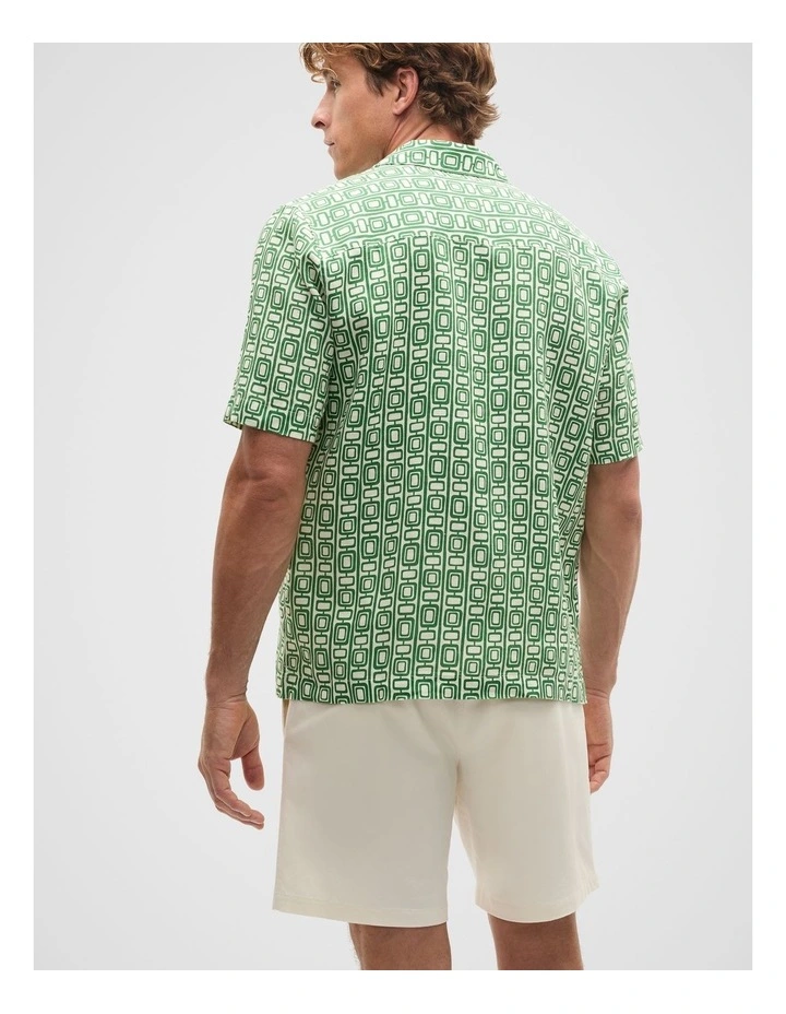 Short Sleeve Geometric Print Linen Shirt in Pea Green image 2
