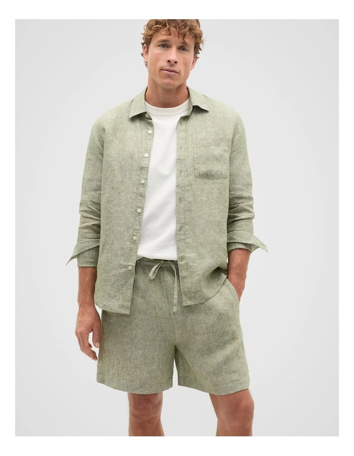 Linen Pullon Short in Green Apple image 3