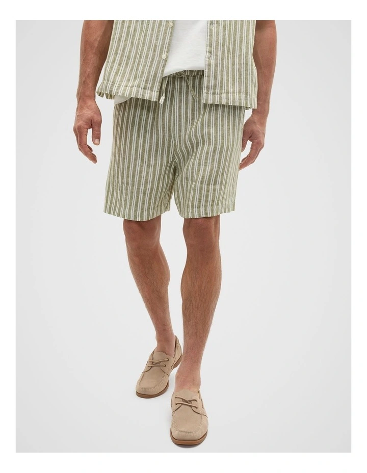 Linen Stripe Drawcord Short in Green Apple image 1