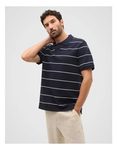 Stripe Pique Polo Shirt in Midnight Blue