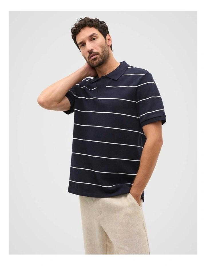 Stripe Pique Polo Shirt in Midnight Blue image 1