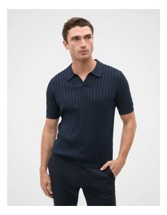 Stripe Cotton Knit Polo in Midnight Blue