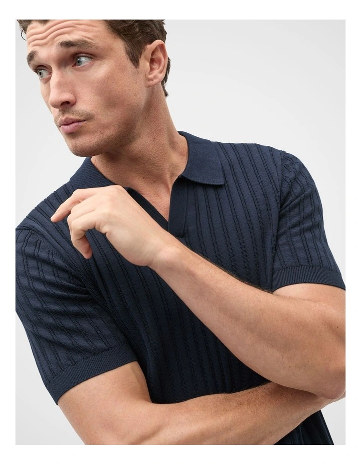 Stripe Cotton Knit Polo in Midnight Blue image 3