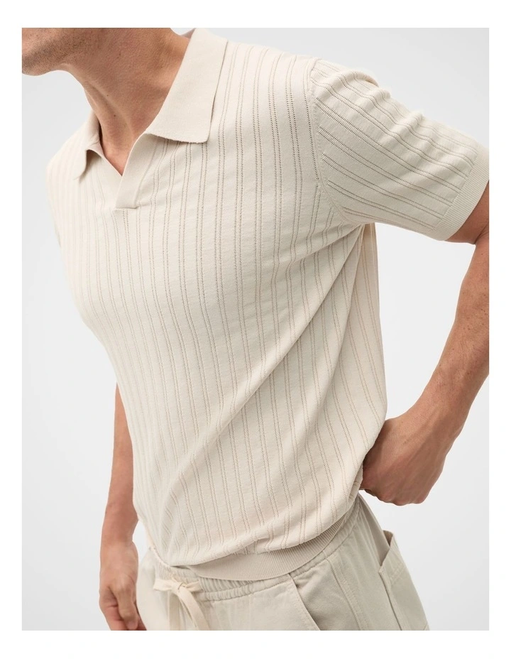 Stripe Cotton Knit Polo in Pebble image 3