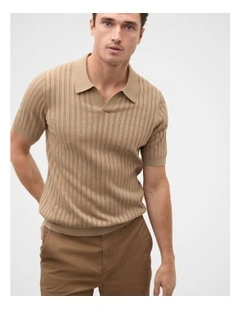 Stripe Cotton Knit Polo in Dark Stone