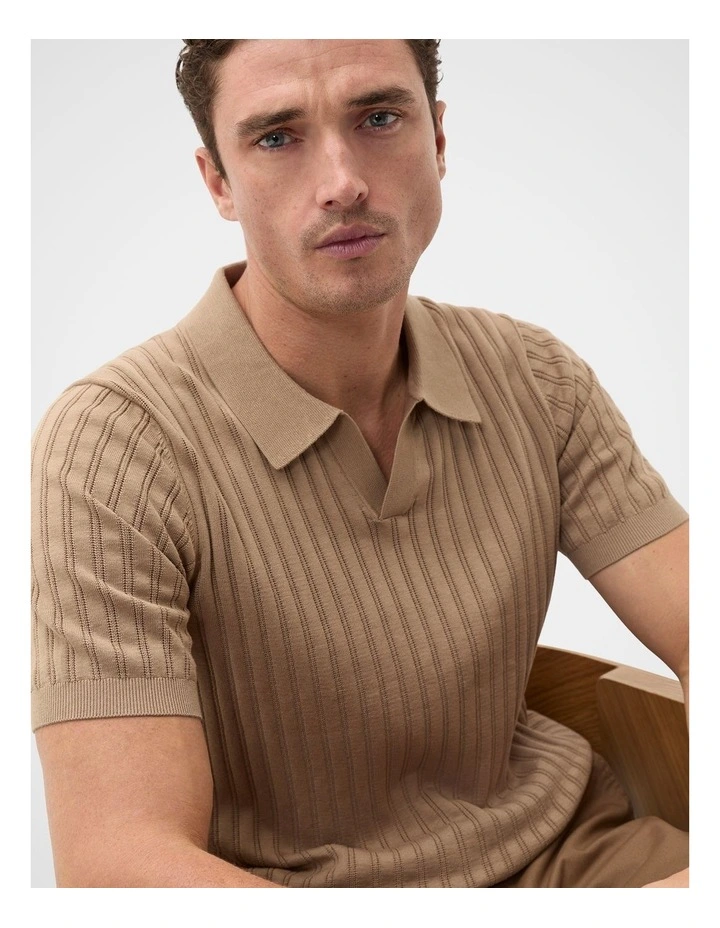 Stripe Cotton Knit Polo in Dark Stone image 3