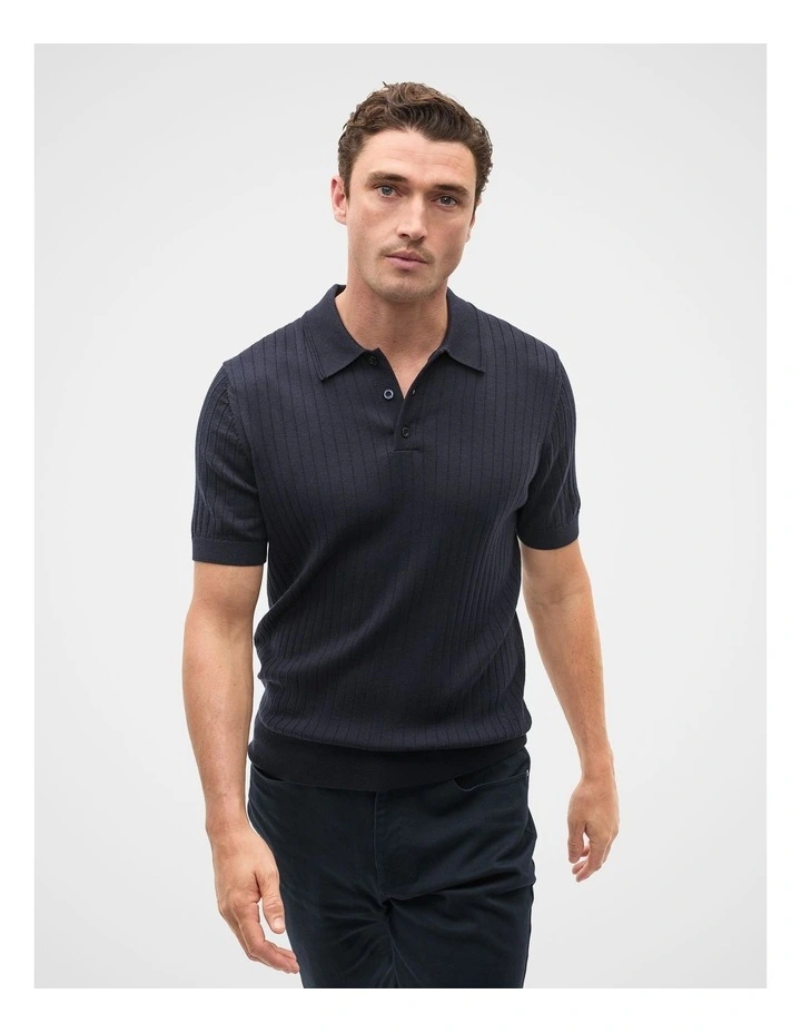 Short Sleeve Merino Knit Polo Shirt in Midnight Blue image 1