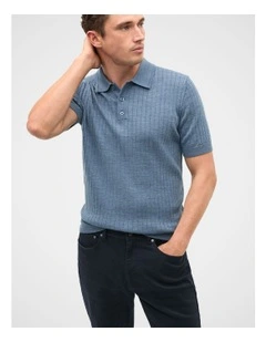 Short Sleeve Merino Knit Polo Shirt in Storm Blue