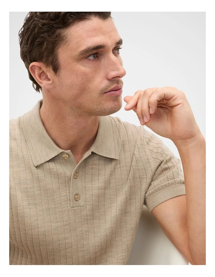 Short Sleeve Merino Knit Polo Shirt in Dark Stone image 3