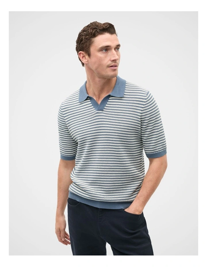 Contrast Stripe Knit Polo Shirt in Storm Blue image 1