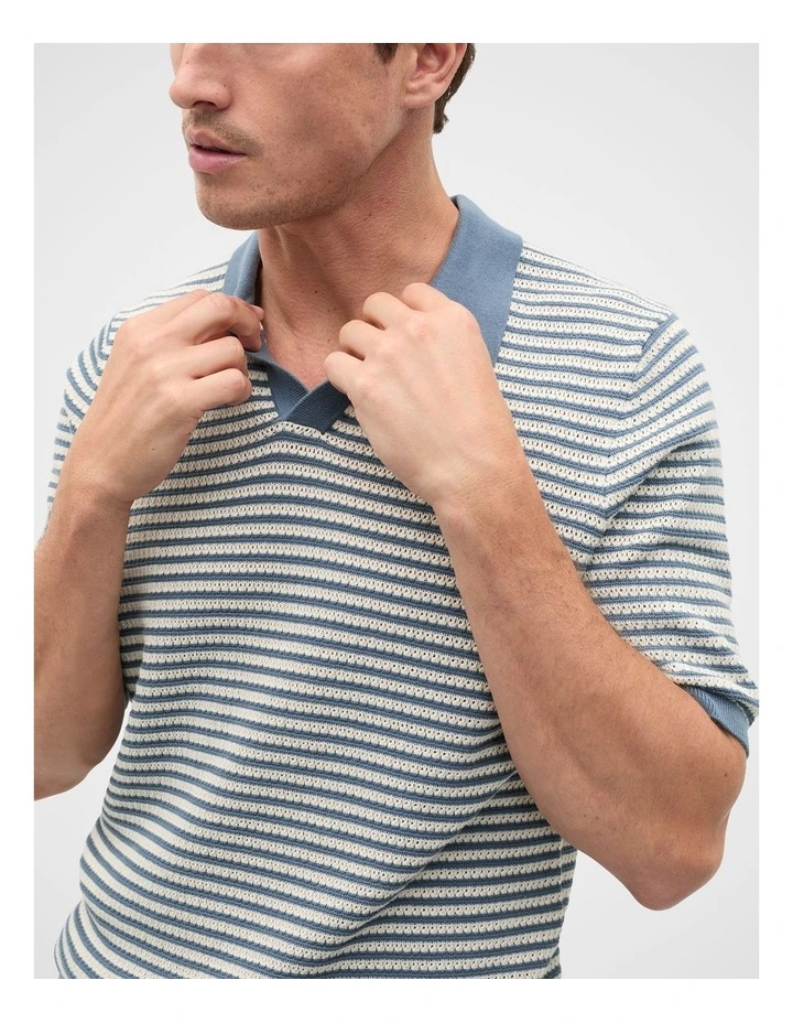 Contrast Stripe Knit Polo Shirt in Storm Blue image 3