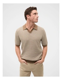 Contrast Stripe Knit Polo Shirt in Coffee