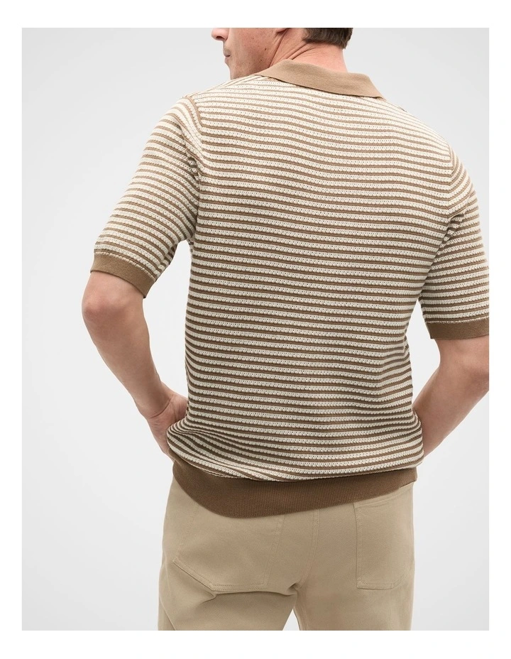 Contrast Stripe Knit Polo Shirt in Coffee image 2