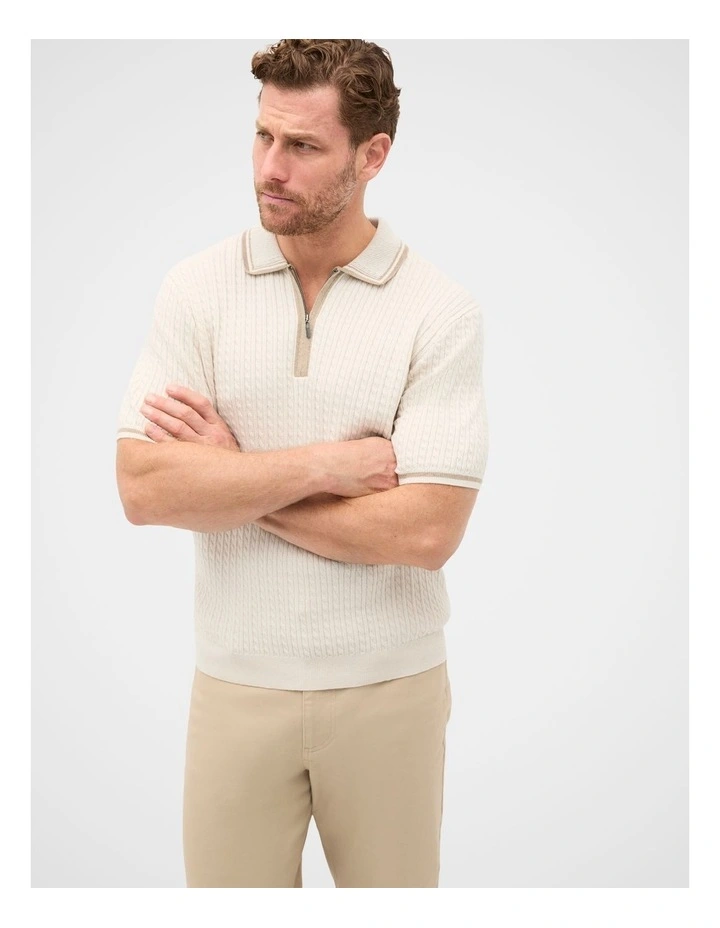 Zipped Cable Knit Polo Shirt in Beige image 1