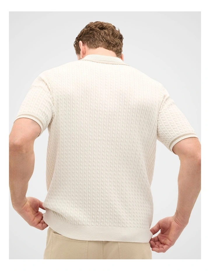 Zipped Cable Knit Polo Shirt in Beige image 2