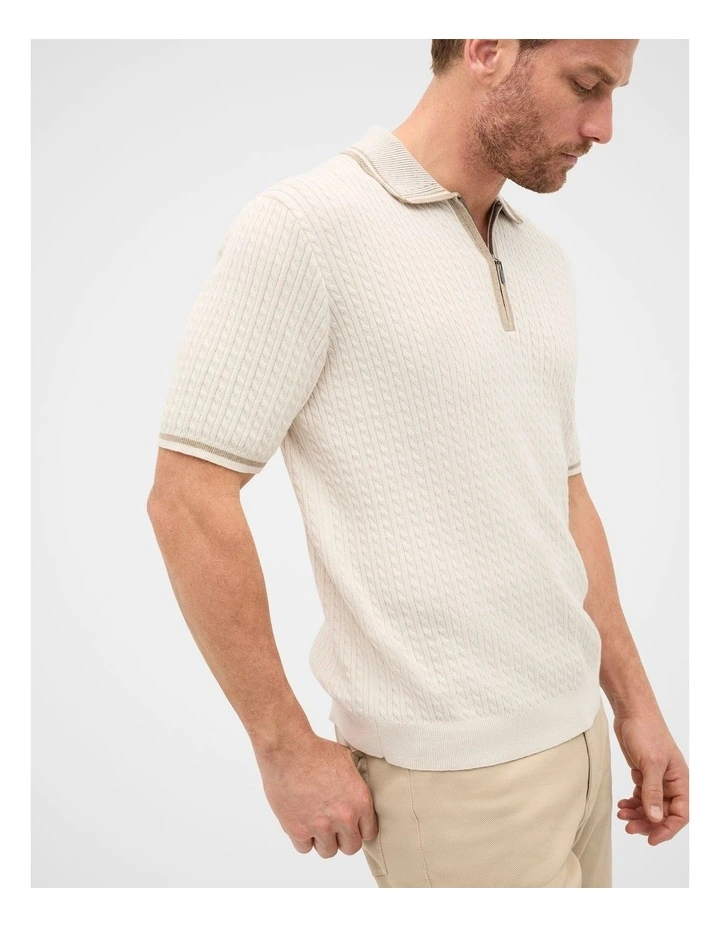 Zipped Cable Knit Polo Shirt in Beige image 3