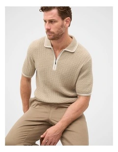 Zipped Cable Knit Polo Shirt in Beige