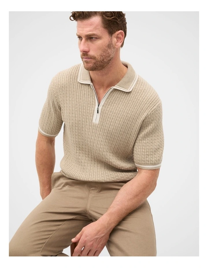 Zipped Cable Knit Polo Shirt in Beige image 1