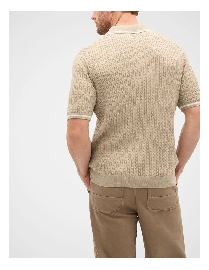 Zipped Cable Knit Polo Shirt in Beige image 2