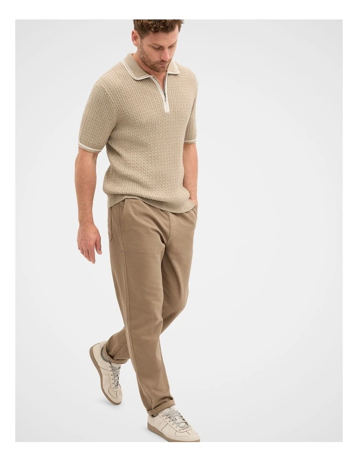 Zipped Cable Knit Polo Shirt in Beige image 4