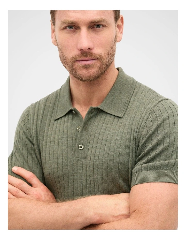 Short Sleeve Merino Knit Polo in Olive Marle image 3