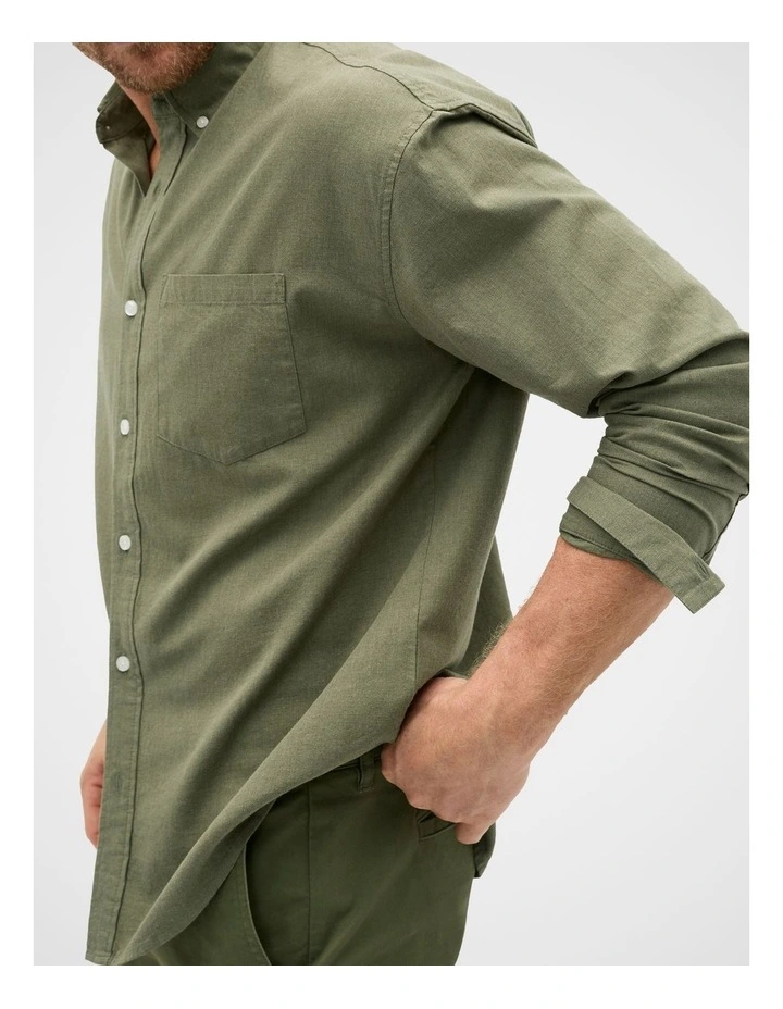 Relaxed Fit Brushed Cotton Shirt in Olive image 3