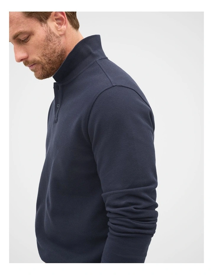 Long Sleeve Pique Polo Shirt in Midnight Blue image 3