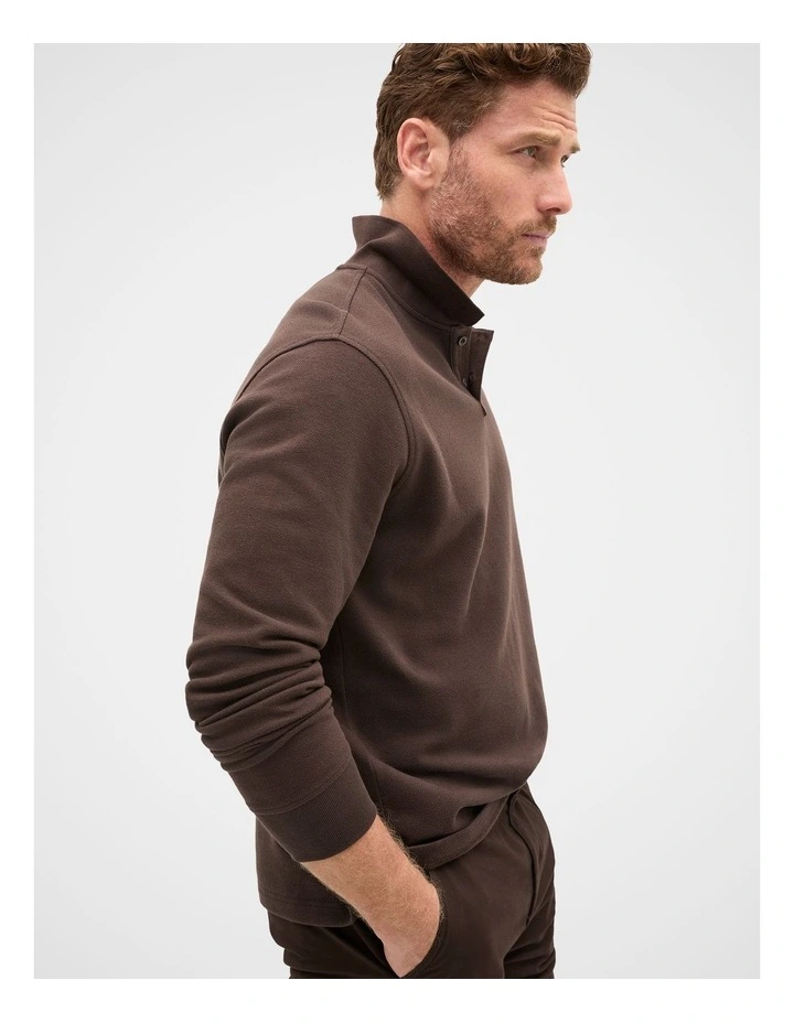 Long Sleeve Pique Polo Shirt in Brown image 1
