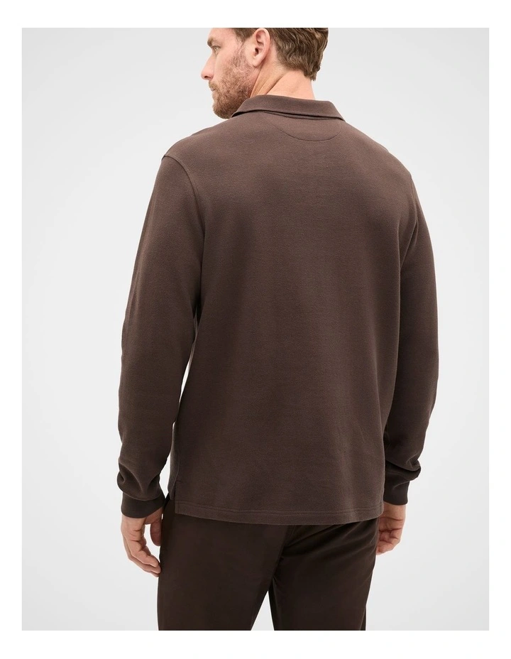 Long Sleeve Pique Polo Shirt in Brown image 2