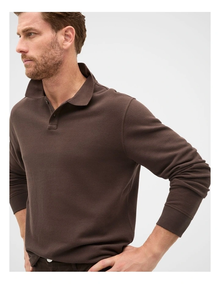 Long Sleeve Pique Polo Shirt in Brown image 3