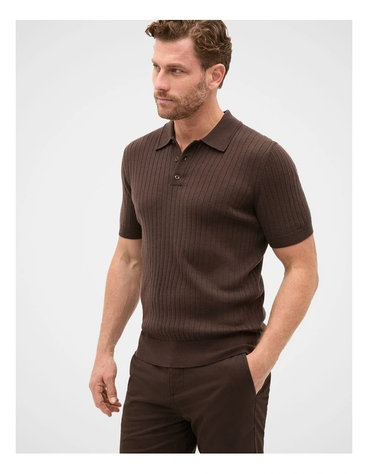 Short Sleeve Merino Knit Polo Shirt in Brown image 1