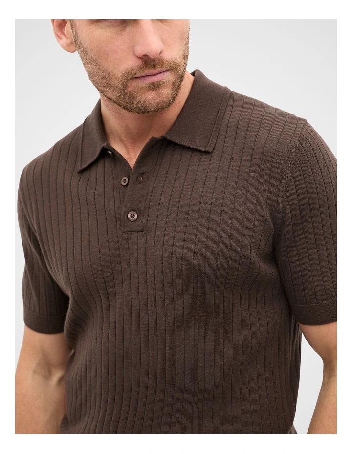 Short Sleeve Merino Knit Polo Shirt in Brown image 3