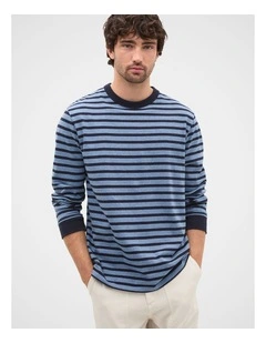 Long Sleeve Crew Neck Tee in Blue Midnight Stripe