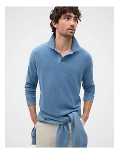 Indigo Long Sleeve Pique Polo in Indigo