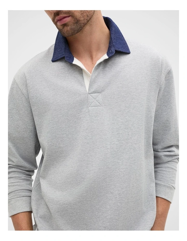 Denim Collar Rugby Sweater in Mid Grey Marle image 4