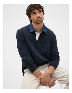 Denim Collar Rugby Sweater in Midnight Blue