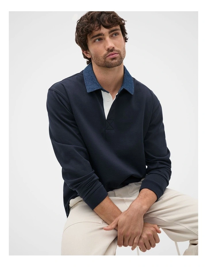 Denim Collar Rugby Sweater in Midnight Blue image 1