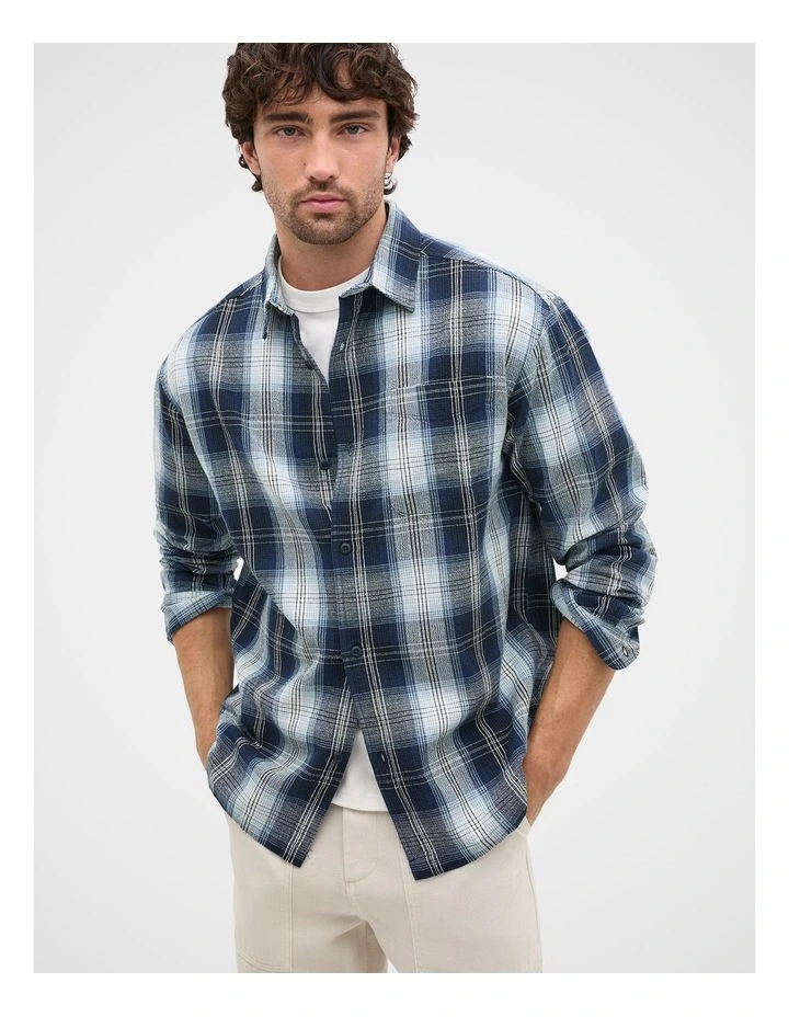 Long Sleeve Cotton Check Shirt in Blue Check image 1