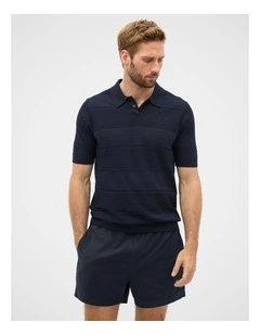 Self Stripe Knit Polo in Midnight Blue