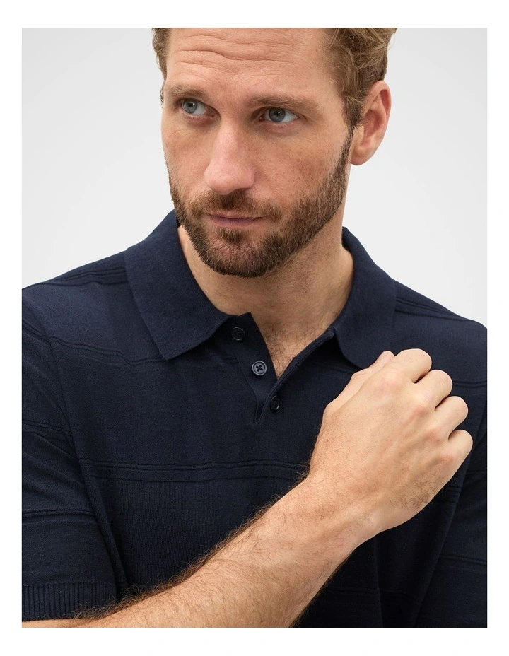 Self Stripe Knit Polo in Midnight Blue image 3