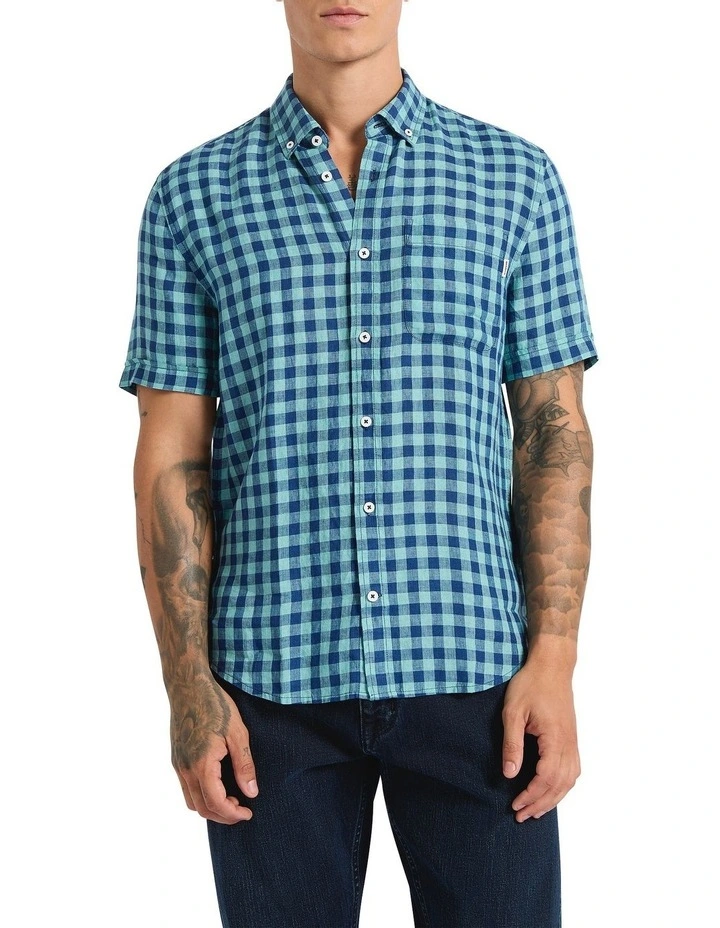 Check The Mail Linen Shirt in Teal Check image 2