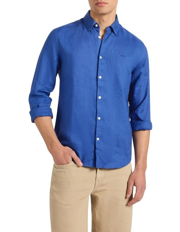 Felix Long Sleeve Linen Shirt in Cobalt Blue image 2
