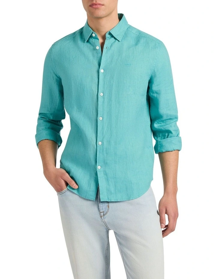 Felix Long Sleeve Linen Shirt in Teal Green image 2