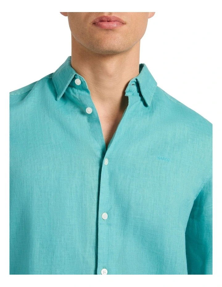 Felix Long Sleeve Linen Shirt in Teal Green image 3